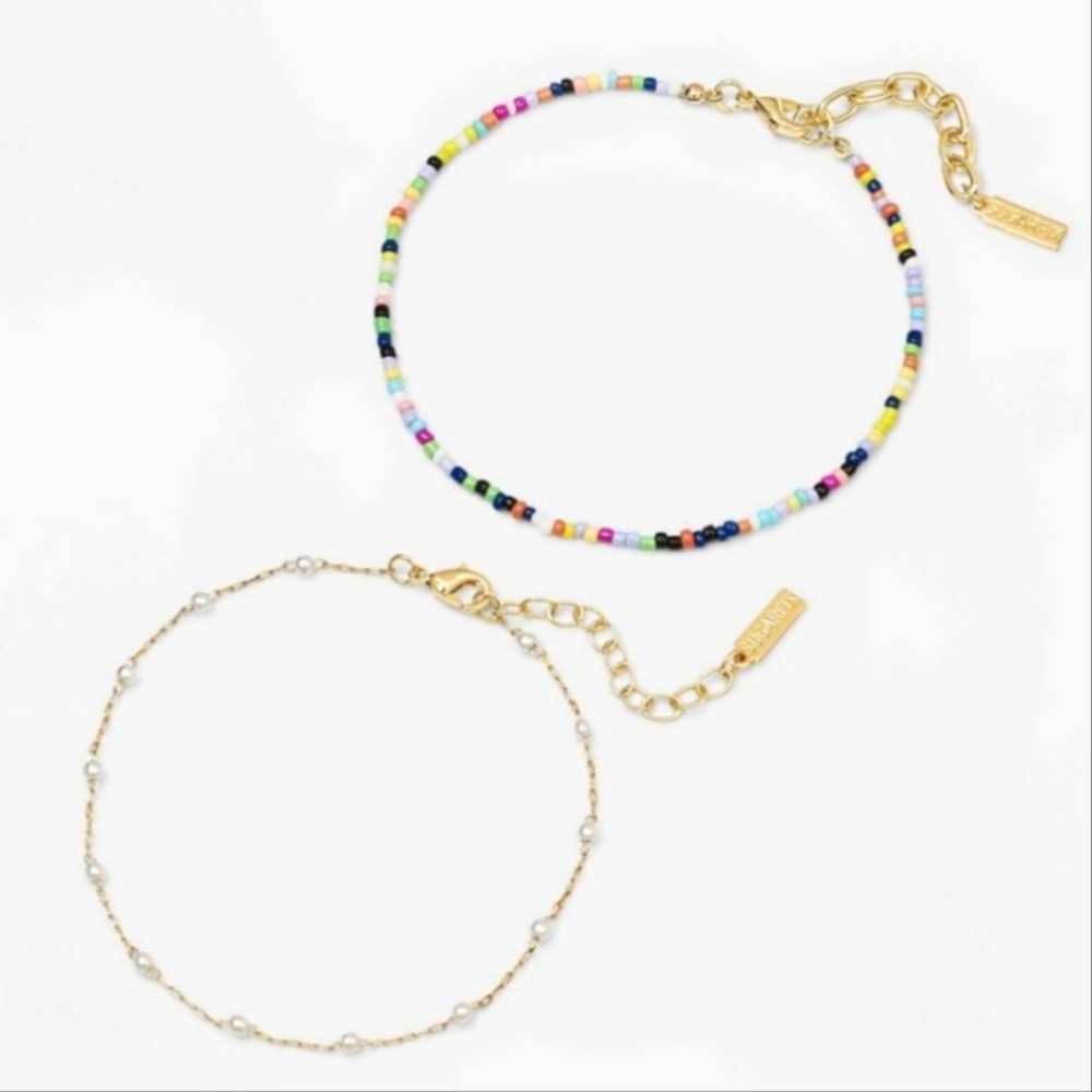 New 2 Baublebar Sugarfix Faux Pearl Beaded Gold Stack Anklets Chain Ankle